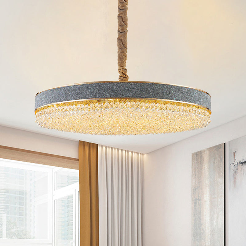 Contemporary Grey Finish Round Pendant Chandelier With Clear Crystal Beads - 9 Bulbs For Stylish
