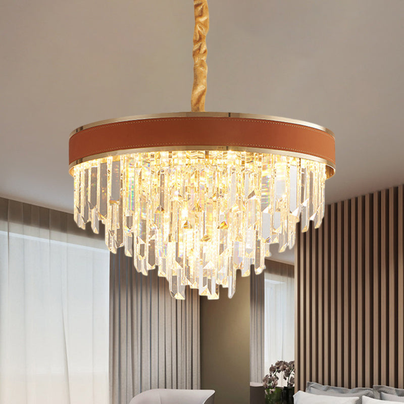 Modern Crystal Prisms Chandelier: Brown Finish Round Pendant Light With 8 Heads For Living Room
