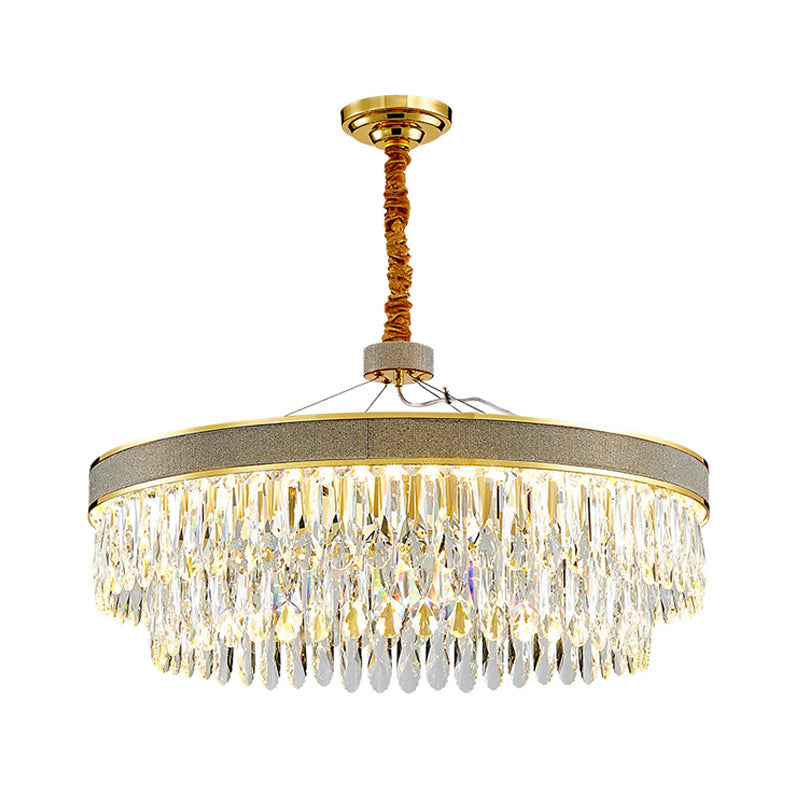 LED Hanging Chandelier - Modern Gold Finish, Clear Crystal Draping, 2-Layer Round Design - 18"/23.5" Width