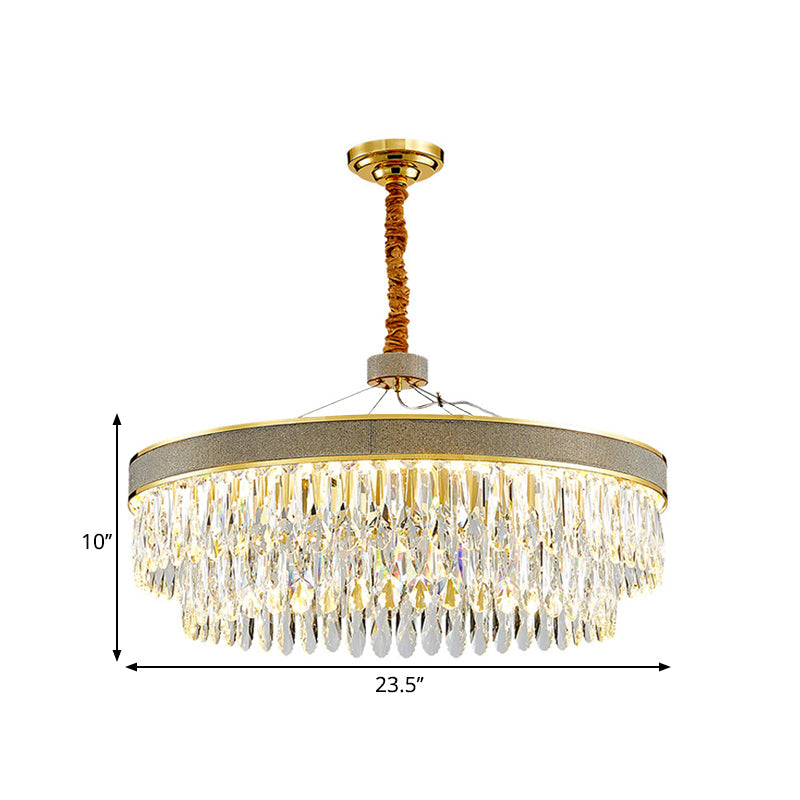 LED Hanging Chandelier - Modern Gold Finish, Clear Crystal Draping, 2-Layer Round Design - 18"/23.5" Width