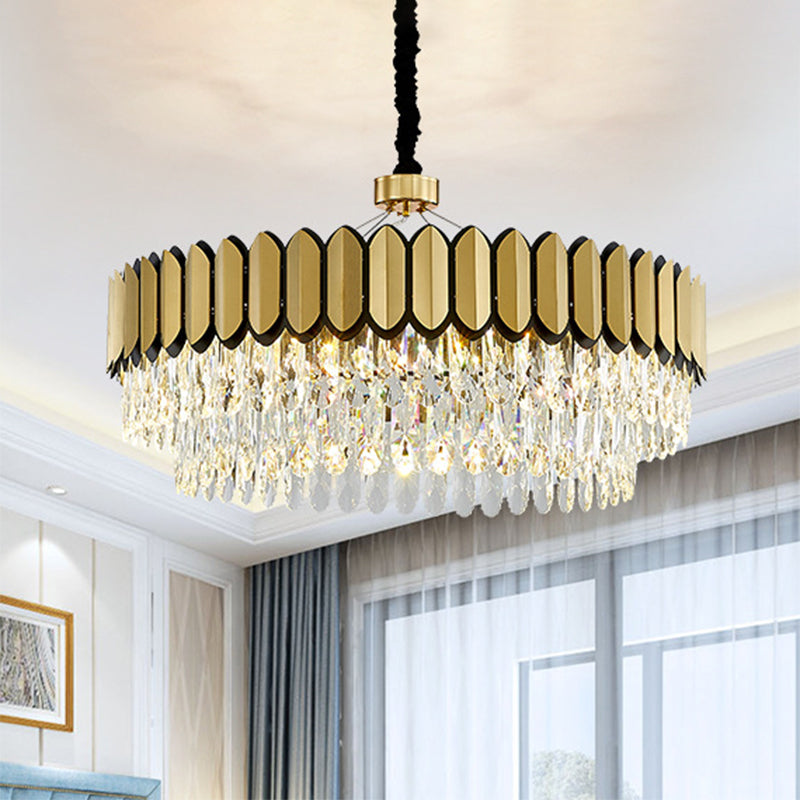 LED Gold Pendant Chandelier with Clear Crystal Drops - 18"/23.5" Wide, Contemporary Round Ceiling Light