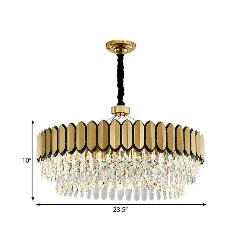 LED Gold Pendant Chandelier with Clear Crystal Drops - 18"/23.5" Wide, Contemporary Round Ceiling Light