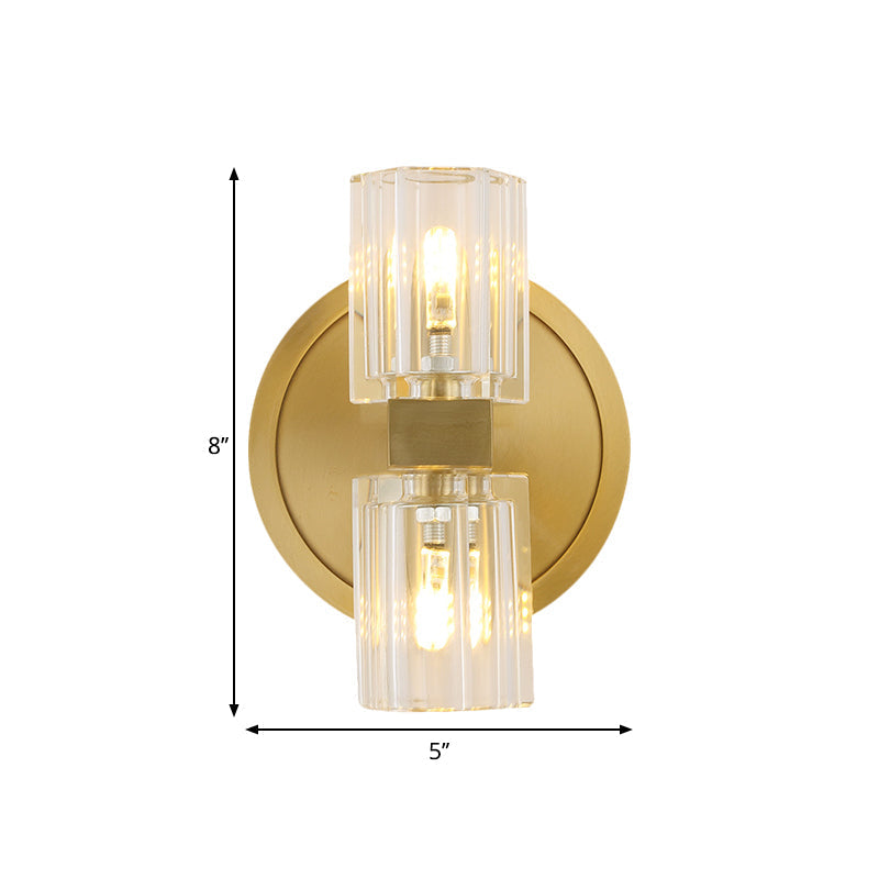 Modern Gold Translucent Crystal Blocks Wall Lamp: Cylindrical Sconce With 2 Heads For Drawing Room