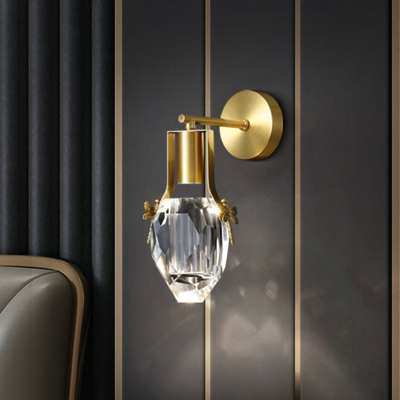 Modern Gold Wall Mounted Led Lamp With Raindrop Crystal Accent And Metal Dragonfly Design
