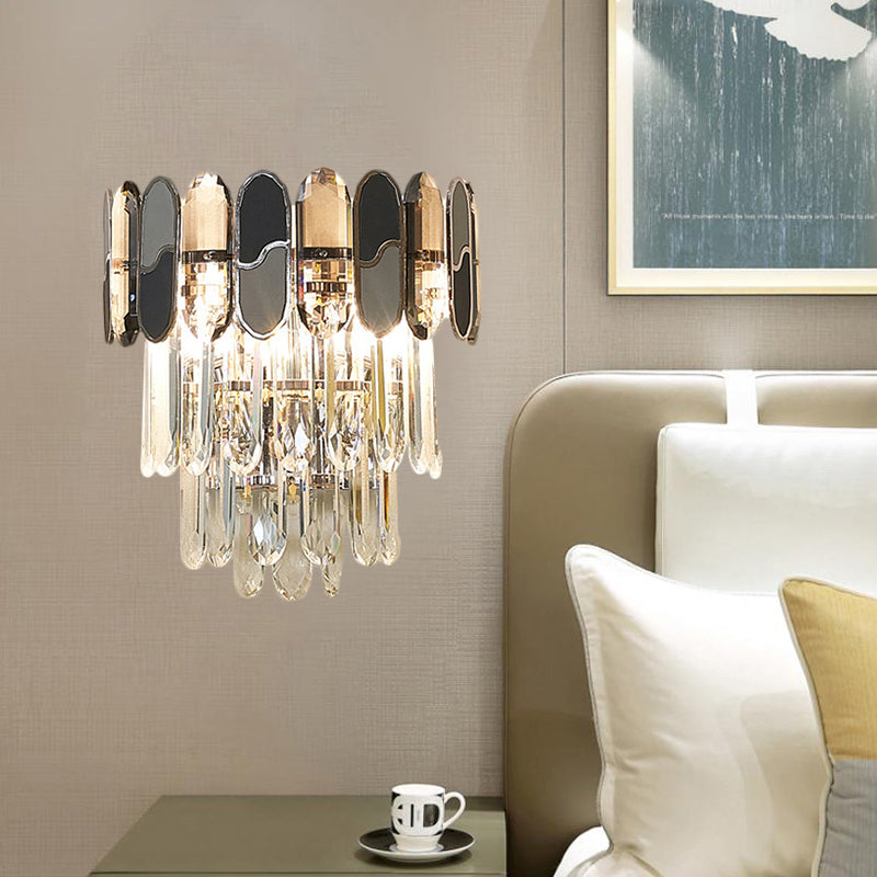Contemporary Flush Wall Sconce With Clear Crystal Lamp And Black & Taupe Ornaments