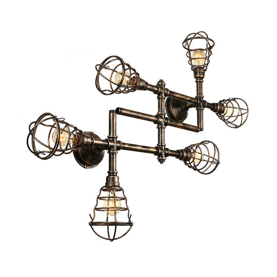 Vintage Industrial Brass Wire Cage Semi-Flush Light With Pipe - 4/6/8 Heads For Living Room Ceiling