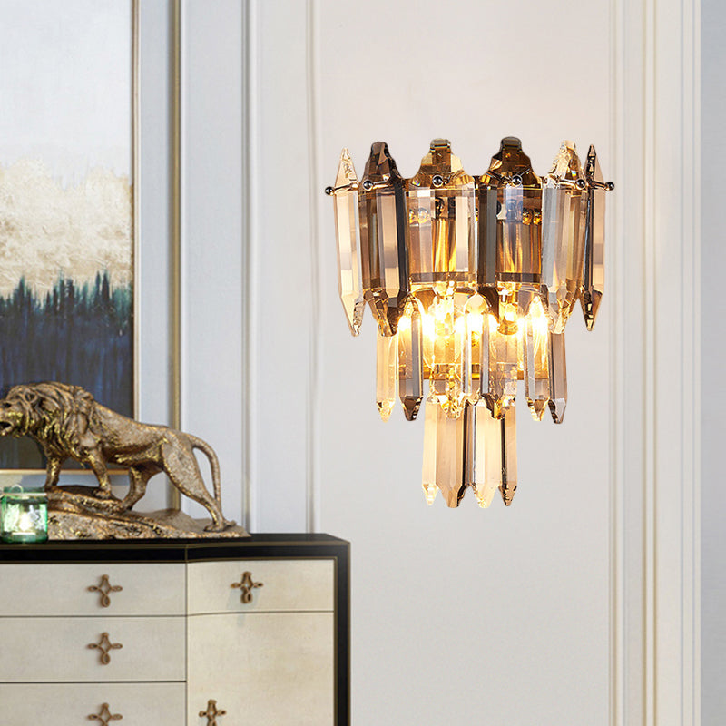 Modern Gold Crystal Flush Wall Sconce With Tapered Heads - Elegant Mount Light Fixture