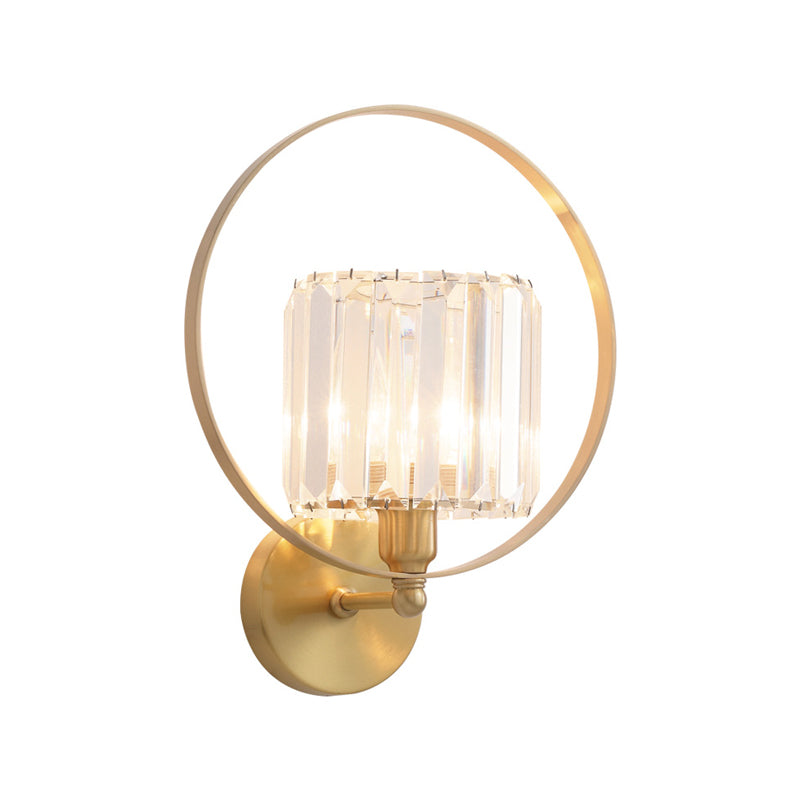 Contemporary Clear Crystal Wall Mount Sconce With Gold Accents And Ring Frame - 1 Bulb Light