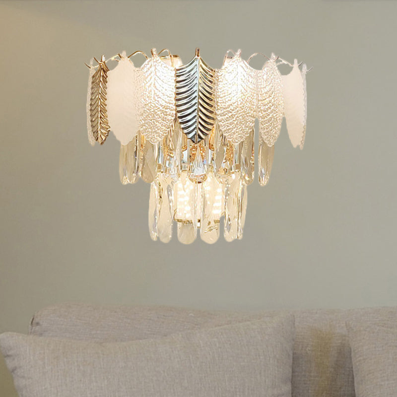 Modern Crystal Wall Sconce With Tapered Design Golden Accents And Acrylic Leaves Clear