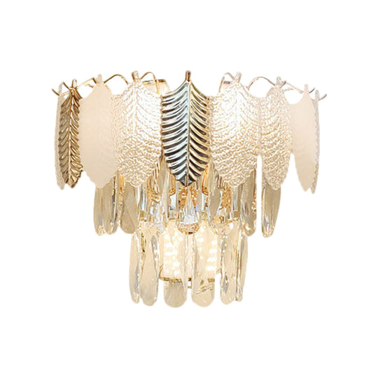 Modern Crystal Wall Sconce With Tapered Design Golden Accents And Acrylic Leaves