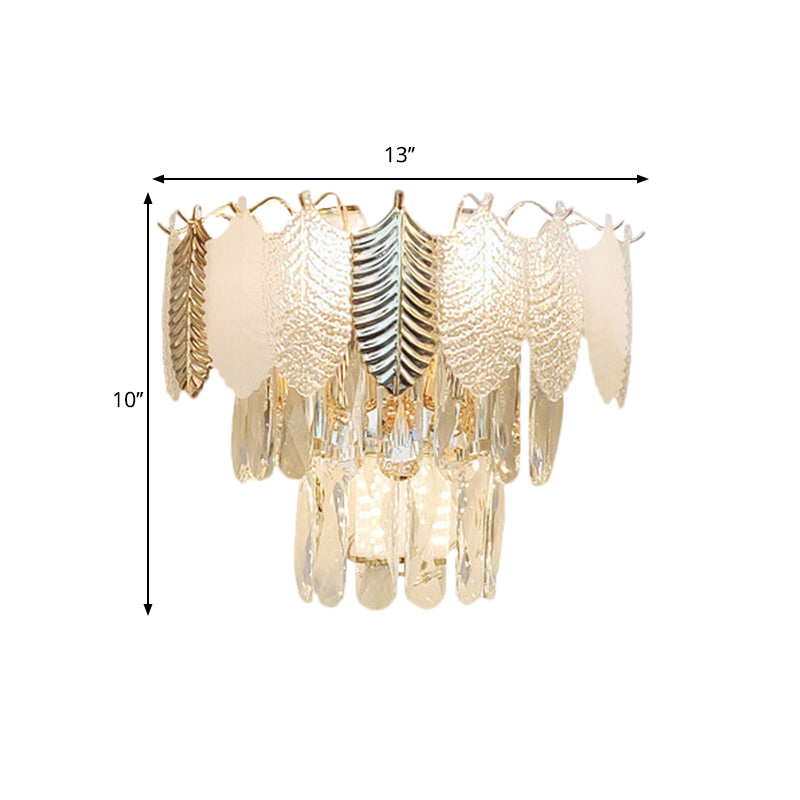 Modern Crystal Wall Sconce With Tapered Design Golden Accents And Acrylic Leaves