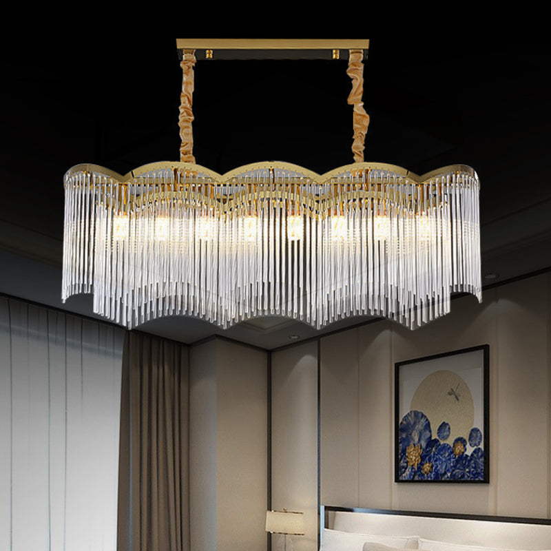 Contemporary Gold Pendant Light With 8 Wavy Frame Clear Crystal Tubes