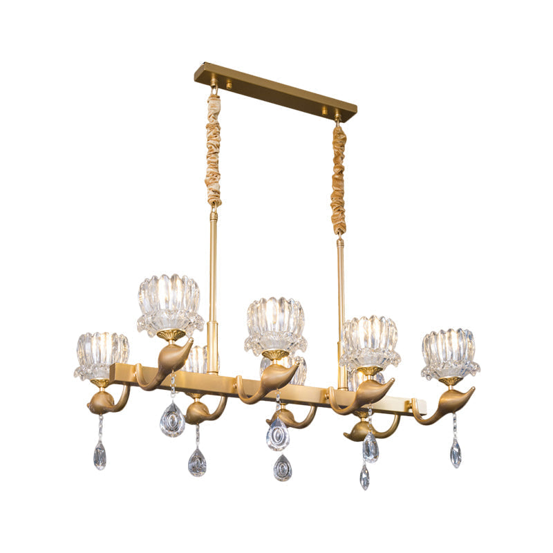 Gold Island Chandelier With Crystal Draping And 8-Head Floral Design For Contemporary Dining Room