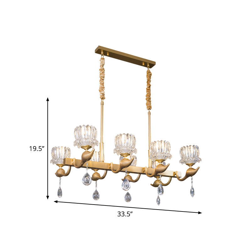 Gold Island Chandelier With Crystal Draping And 8-Head Floral Design For Contemporary Dining Room