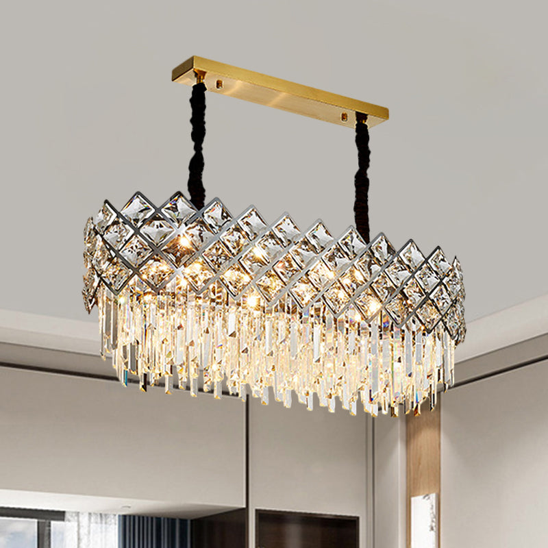Oval Island Light Fixture With Crystal Prisms - 10 Bulbs Contemporary Design Clear