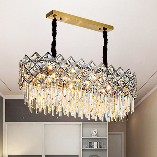 Oval Island Light Fixture With Crystal Prisms - 10 Bulbs Contemporary Design
