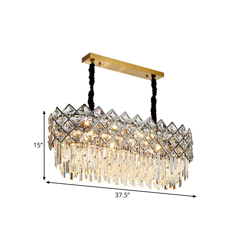 Oval Island Light Fixture With Crystal Prisms - 10 Bulbs Contemporary Design