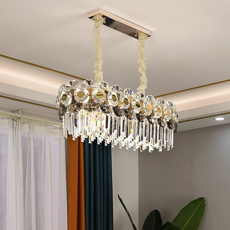 Contemporary Metal-Facing Island Chandelier With 11 Bulbs Clear Crystal Prisms And Hanging Light