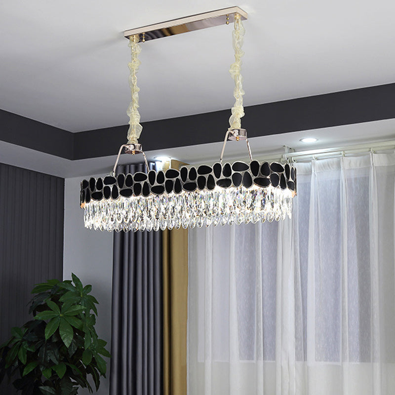 Black 8-Head Island Lamp With Modern Clear Crystal Prisms - Oval Light Fixture