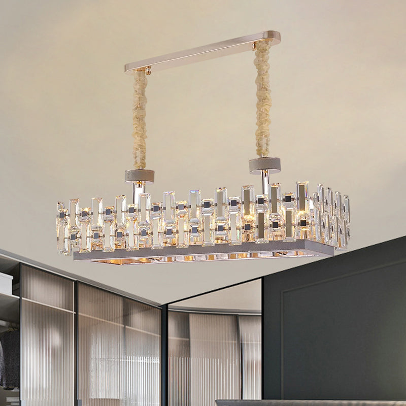 12-Bulb Gold Island Light With Clear Crystal Blocks Contemporary Rectangular Hanging Lamp