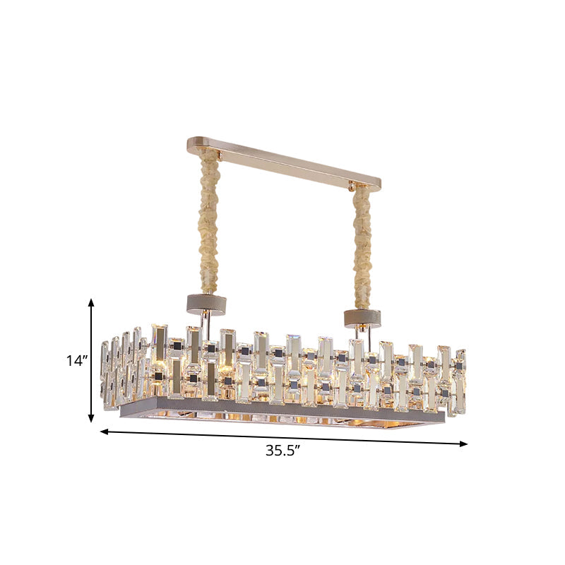 12-Bulb Gold Island Light With Clear Crystal Blocks Contemporary Rectangular Hanging Lamp