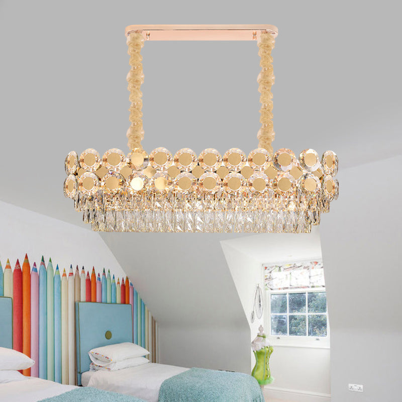 Contemporary Gold Oval Crystal Island Pendant With 12 Bulbs Elegant Dining Hall Lighting