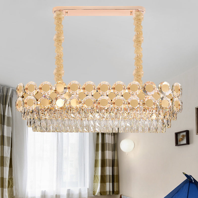 Contemporary Gold Oval Crystal Island Pendant With 12 Bulbs Elegant Dining Hall Lighting