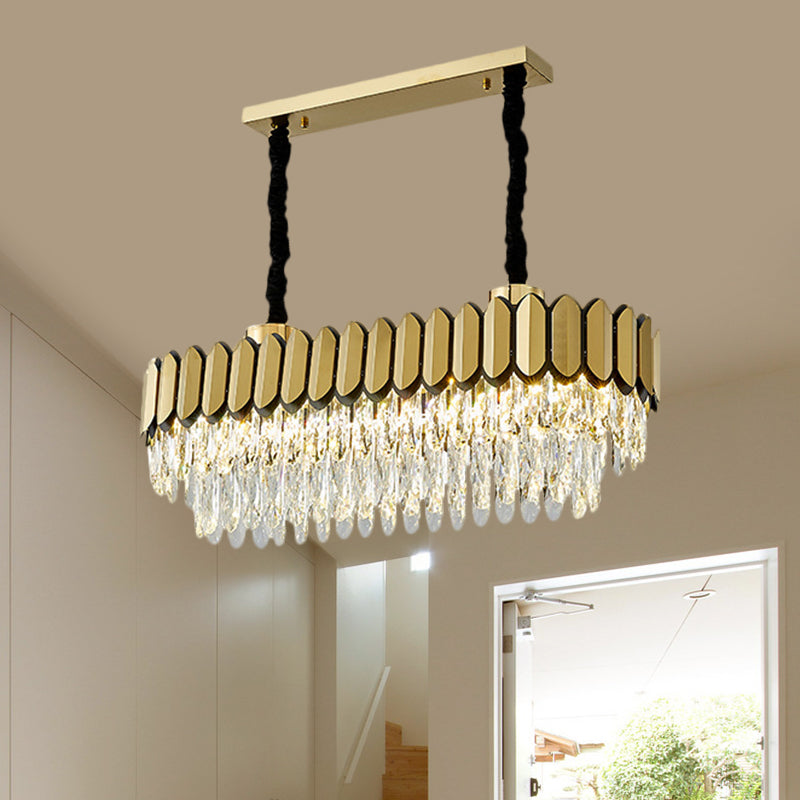 Contemporary Gold Finish Oval Island Light With Clear Crystal Shuttles And Led Bulbs