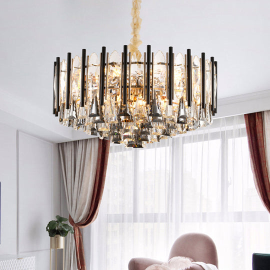 Modern 12-Head Tapered Crystal Chandelier With Clear Triangular Drops And Black Tubes
