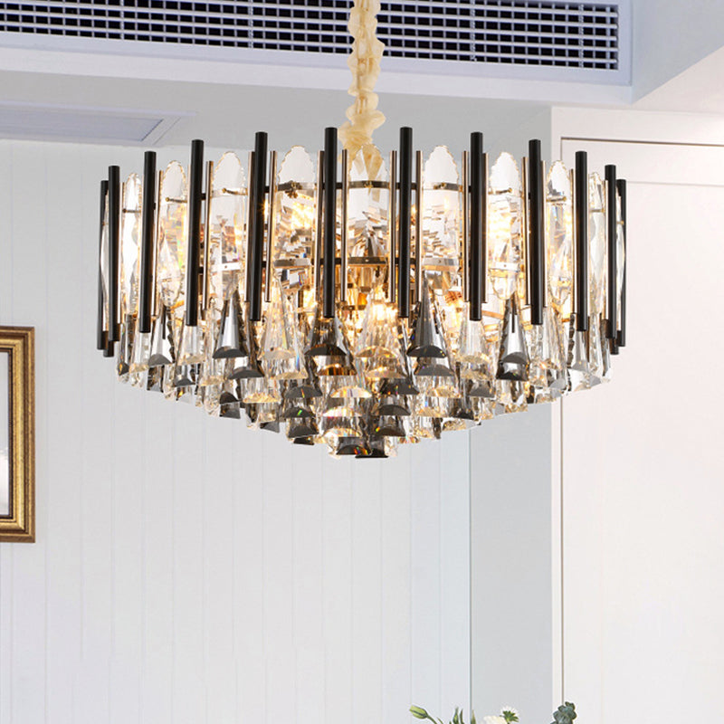 Modern 12-Head Tapered Crystal Chandelier With Clear Triangular Drops And Black Tubes