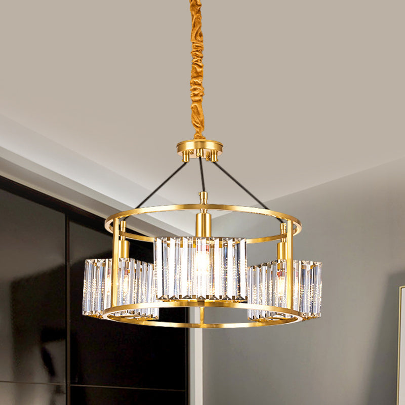 Modern Gold Crystal Block Ceiling Chandelier With 3 Heads - Clear Drum Shape Metal Frame