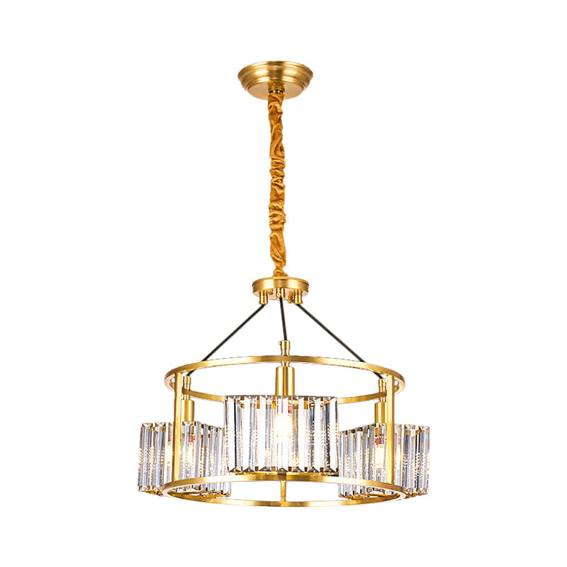 Contemporary Crystal Blocks Clear Chandelier with Metal Frame - 3 Heads Gold Hanging Drum Light Kit