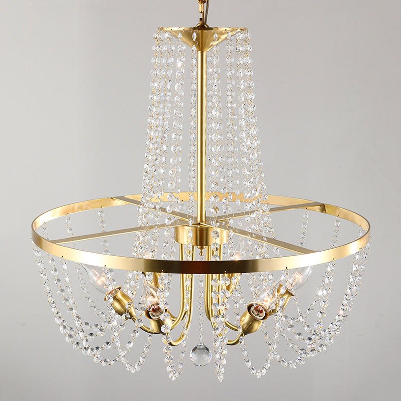 Gold Modern Ring Hanging Lamp with Crystal Stands - 6 Bulbs Pendant Chandelier