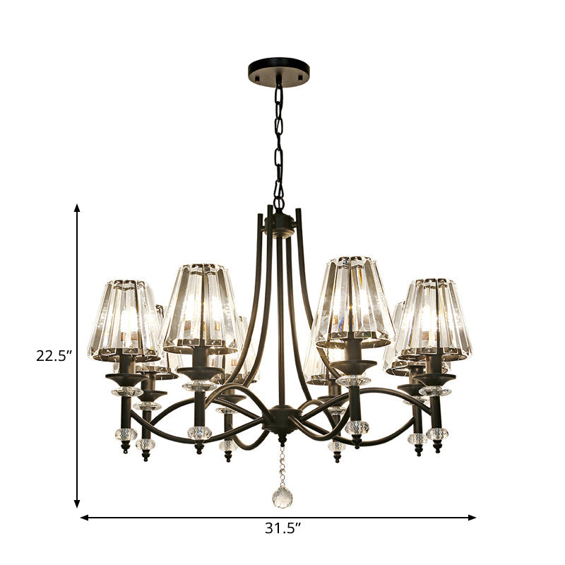 Modern Black Chandelier: 8-Head Hanging Light Fixture with Crystal Swirled Arms and Glass Ball Accents