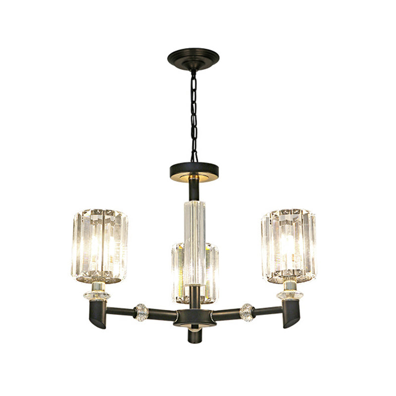 Contemporary Clear Crystal Chandelier with Black Metal Frame - 3/6 Bulb Cylinder Shade Ceiling Light