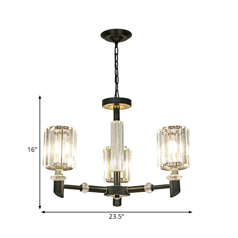 Contemporary 3/6 Bulb Clear Crystal Chandelier With Black Metal Frame