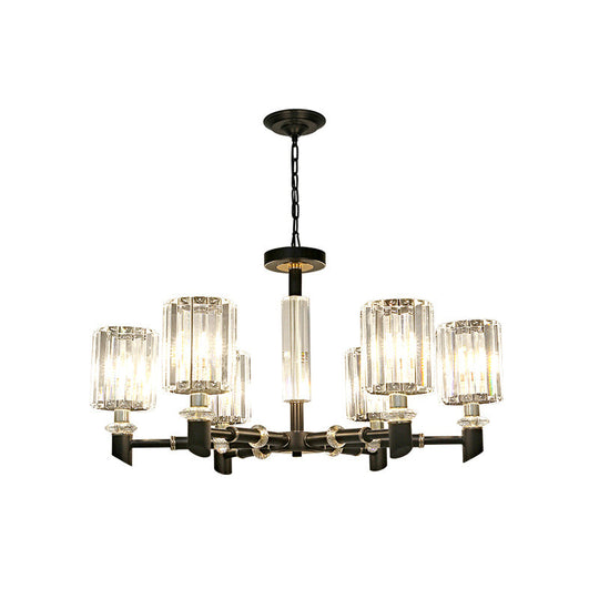 Contemporary Clear Crystal Chandelier with Black Metal Frame - 3/6 Bulb Cylinder Shade Ceiling Light