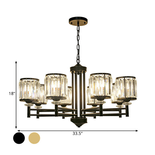 Modern Crystal Drum Shade 8 Heads Black/Gold Chandelier Lamp With Metal Frame