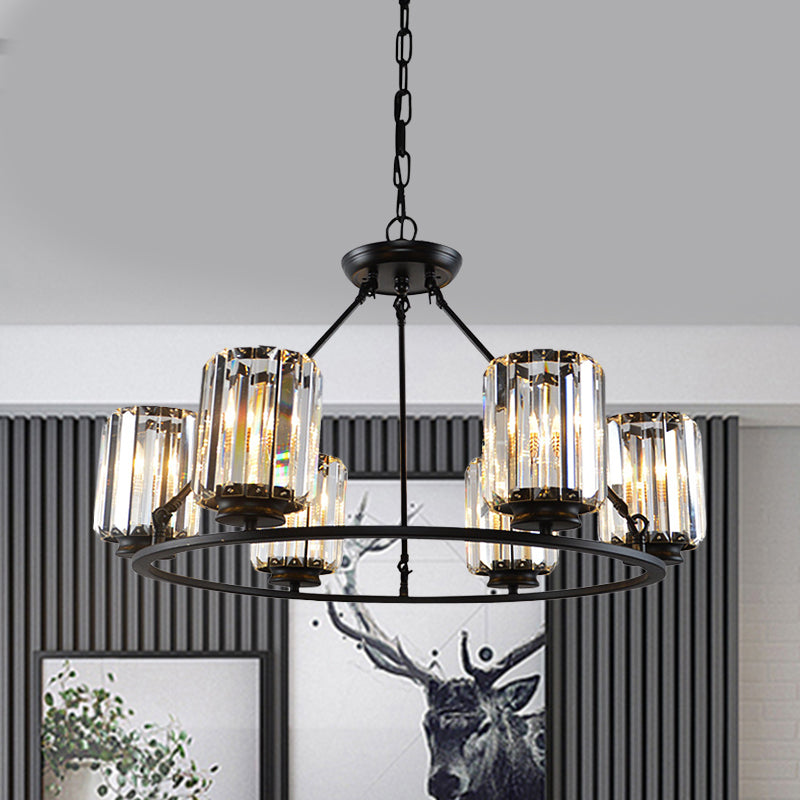 6/8 Bulb Clear Crystal Ring Chandelier With Black Cylinder Shade 6 /