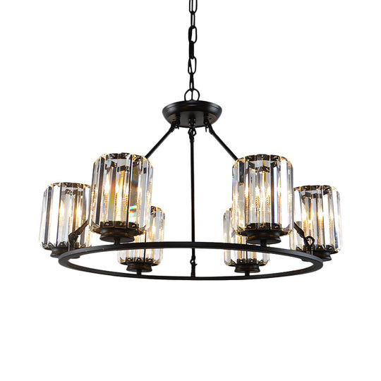 Modern Ring Crystal Chandelier with Clear Cylinder Shade - 6 or 8 Bulbs - Black Suspension Lamp