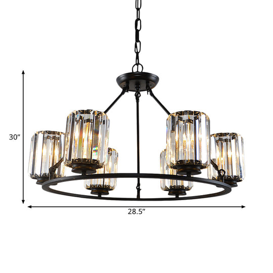 6/8 Bulb Clear Crystal Ring Chandelier With Black Cylinder Shade