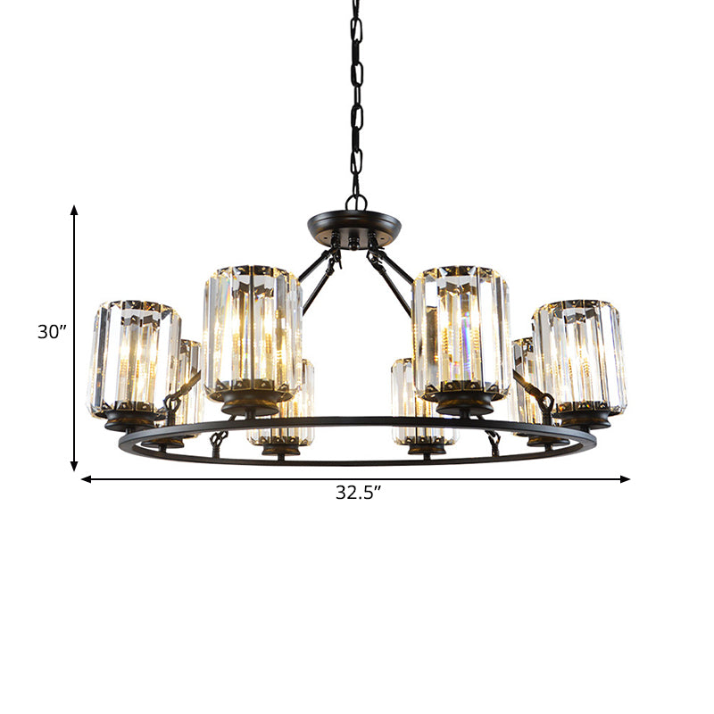 Modern Ring Crystal Chandelier with Clear Cylinder Shade - 6 or 8 Bulbs - Black Suspension Lamp
