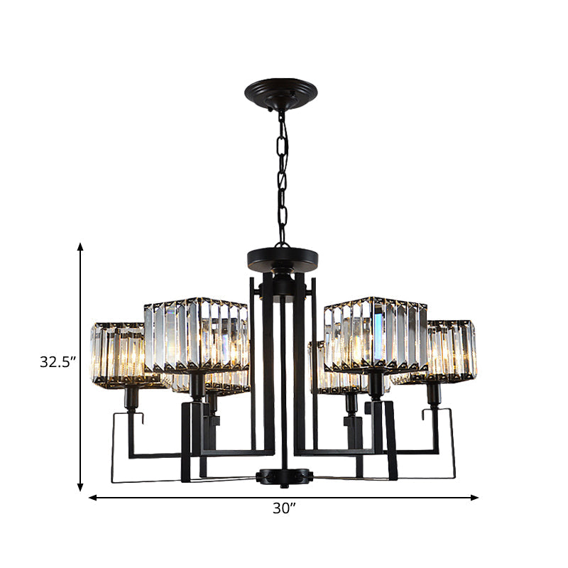 Modern Black Crystal Chandelier with Crooked Metal Frame - 6/8 Heads, Clear Cubic Shades