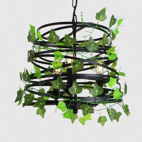 Iron Industrial Chandelier With Greenery And Cage - 3 Light Pendant For Restaurants Green / 13