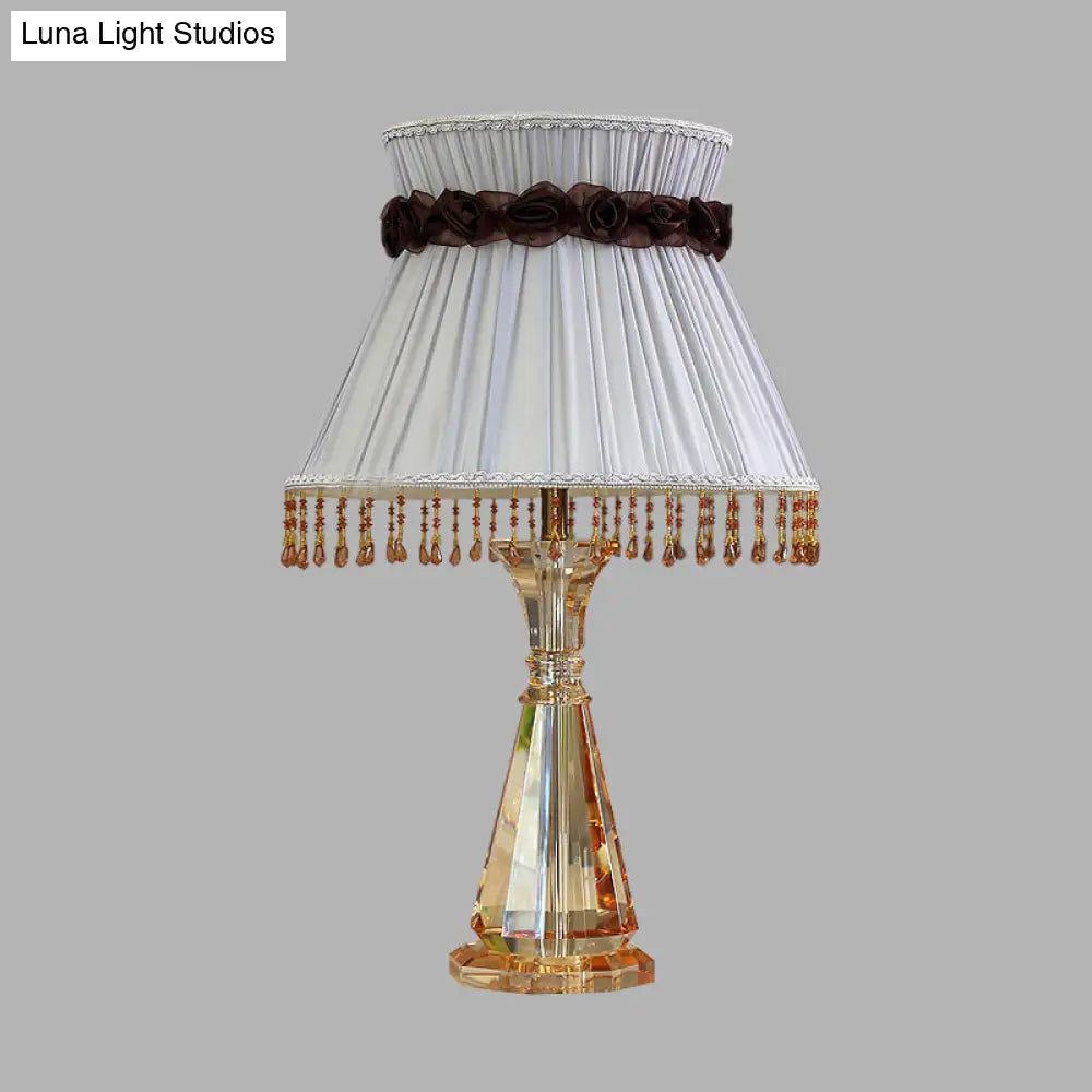 14/15 Wide Cone Fabric Night Light Bedroom Lamp In Grey With Crystal Accent For Traditional