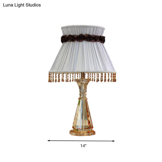 14/15 Wide Cone Fabric Night Light Bedroom Lamp In Grey With Crystal Accent For Traditional