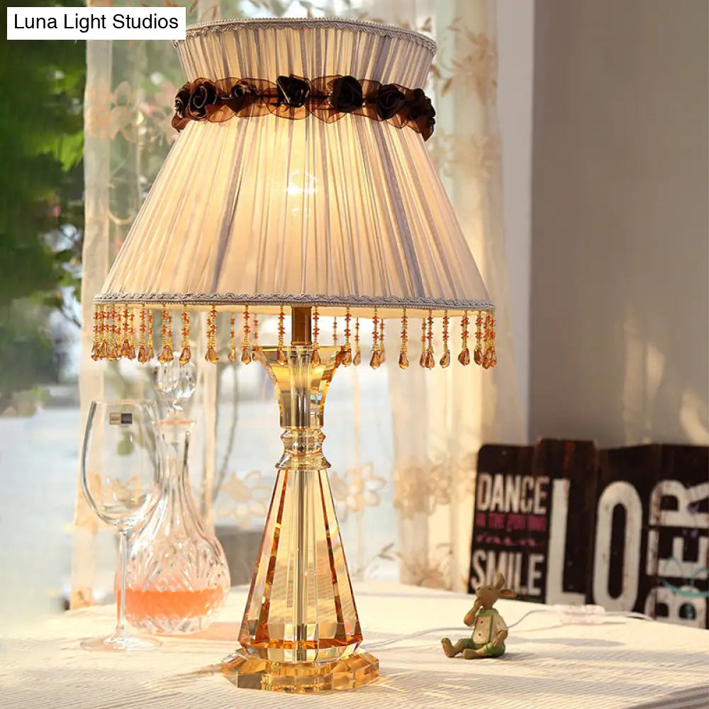 14/15 Wide Cone Fabric Night Light Bedroom Lamp In Grey With Crystal Accent For Traditional