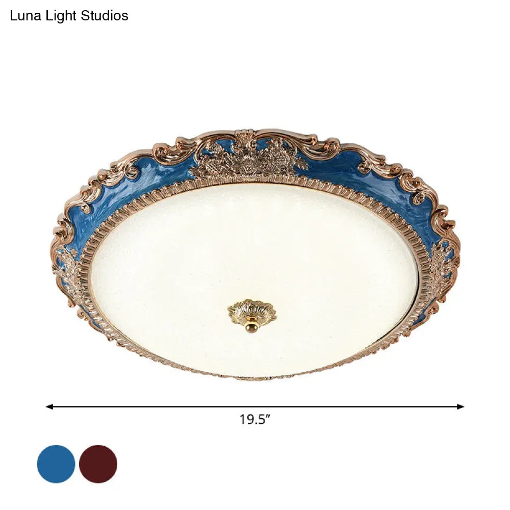 14/16/19.5 Led Bowl Flush Mount Lamp Countryside Red/Blue Finish Ceiling Light For Bedroom