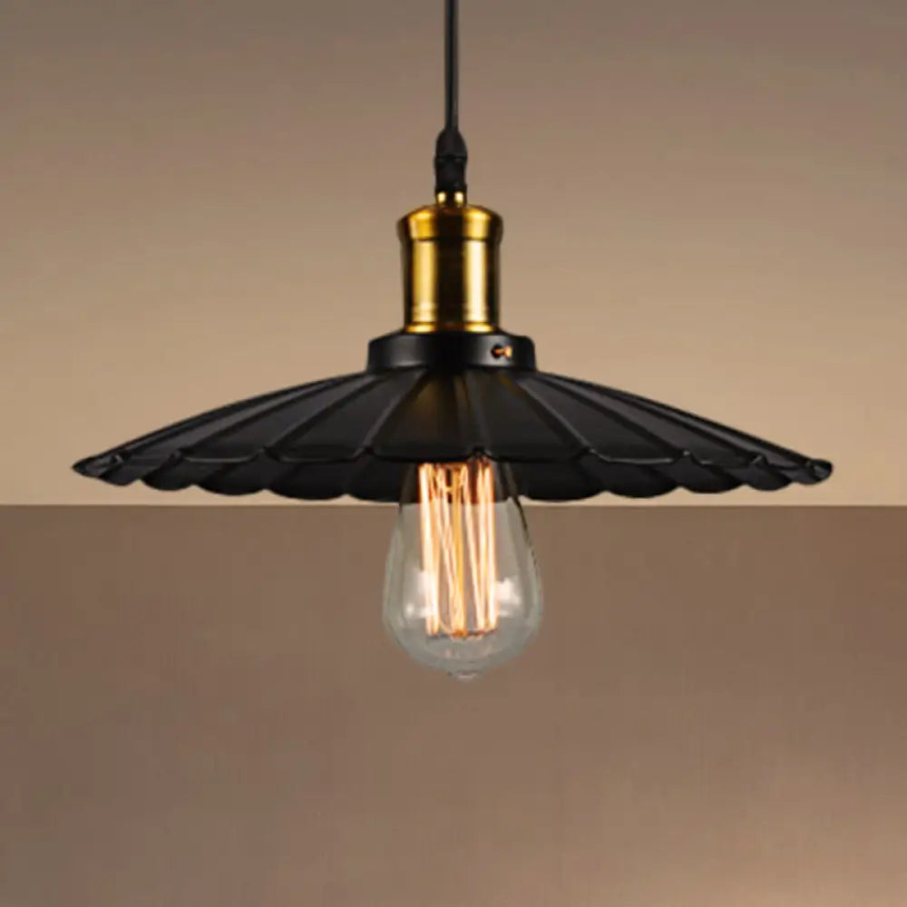 14’/16’ Dia Industrial Scalloped Pendant Light 1 Head Metallic Ceiling Lamp In Black/White