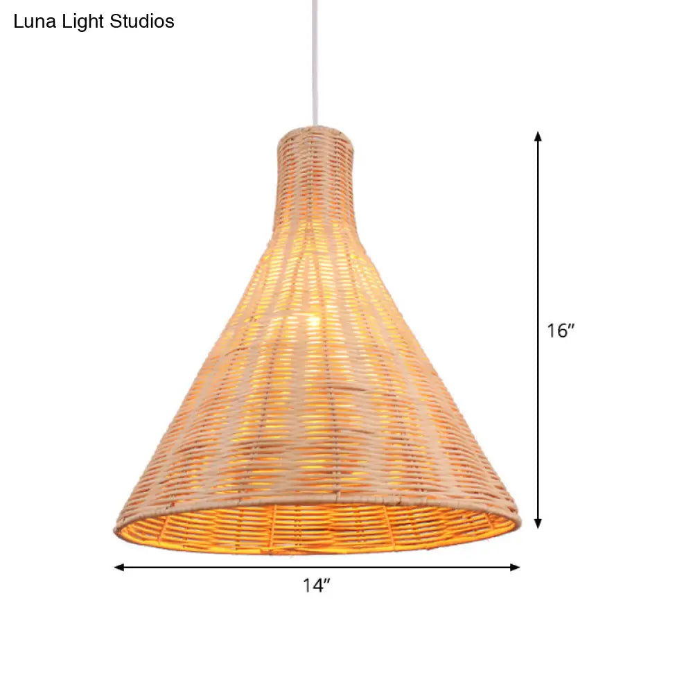 14/16 Inch Conical Bamboo Suspension Pendant - 1 Head Khaki Hanging Lamp Kit